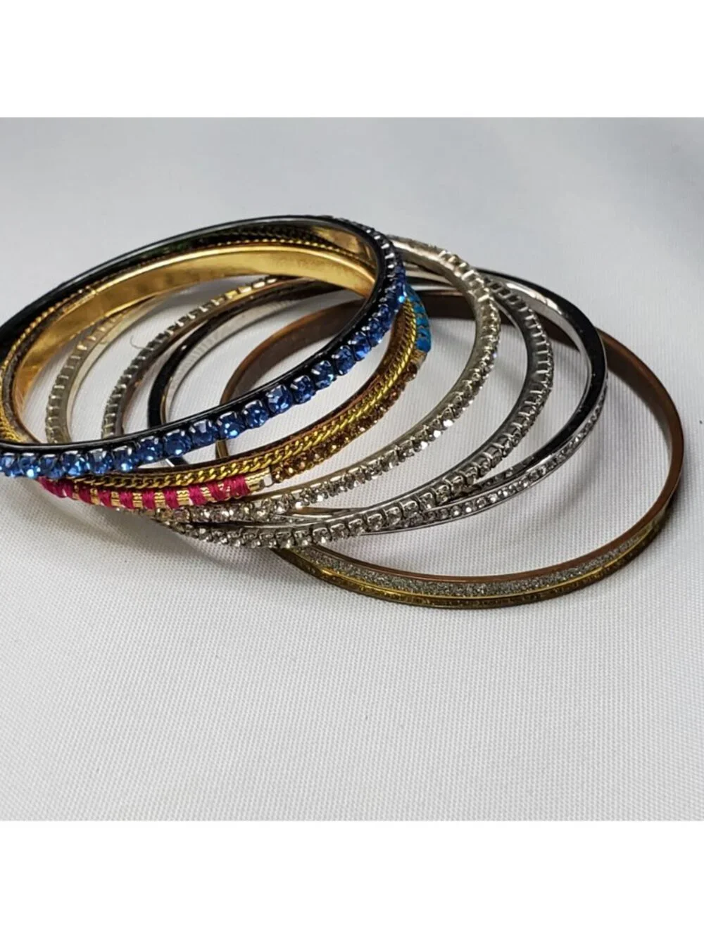 VTG 6 Multicolor Rhinestone Glitter & Metal Bangles Gold & Silver-Tone Mixed
